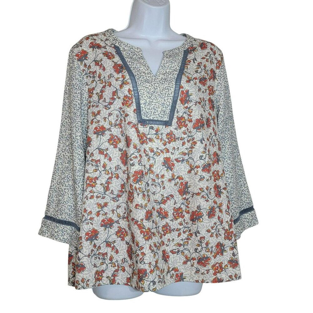 Multiples Tunic Top, Women M, Cream, Orange Floral, Blue/Gray trim, V-Neck, EUC